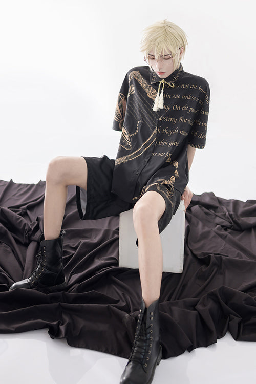 Black Handsome Little Prince Print Loose Short Sleeves Ouji Lolita Blouse - Product - 9
