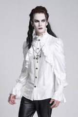 White Stand Collar Long Sleeves Ruffle Lace Cross Men's Gothic Blouse - Product - 5