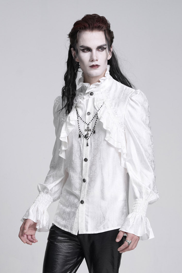 White Stand Collar Long Sleeves Ruffle Lace Cross Men's Gothic Blouse - Product - 5