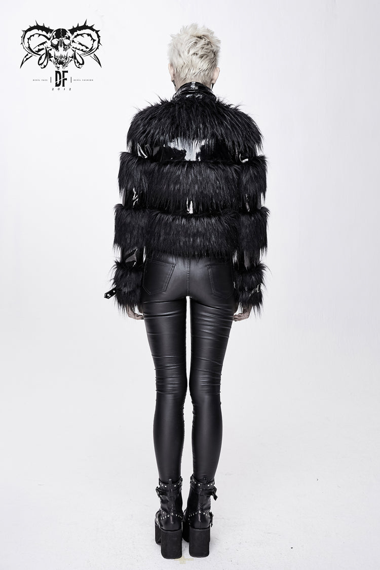 Black Metal Buckle Loop Stand Up Collar Splice Patent Leather Woolen Women's Punk Coat - Product - 6