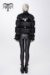 Black Metal Buckle Loop Stand Up Collar Splice Patent Leather Woolen Women's Punk Coat - Product - 6