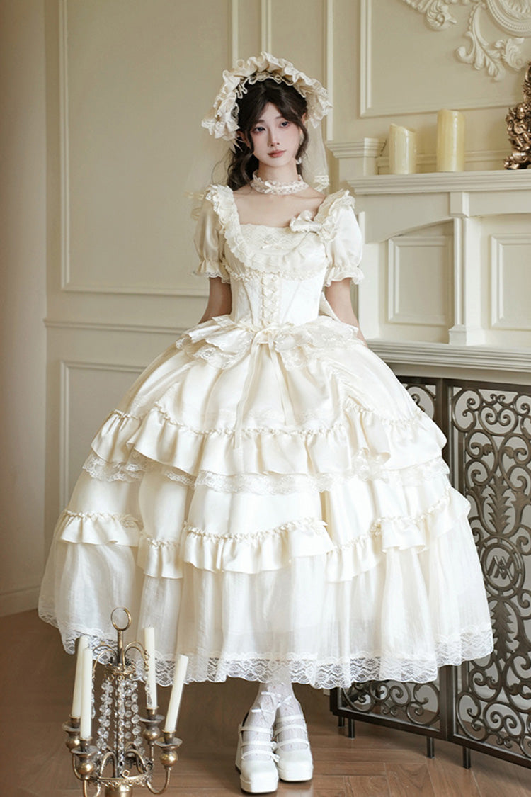 White [Letters and Poems] Square Collar Short Sleeves Ruffle Hanayome Bowknot Sweet Elegant Gorgeous Lolita Dress - White - 1