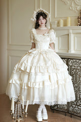 White [Letters and Poems] Square Collar Short Sleeves Ruffle Hanayome Bowknot Sweet Elegant Gorgeous Lolita Dress - White - 1