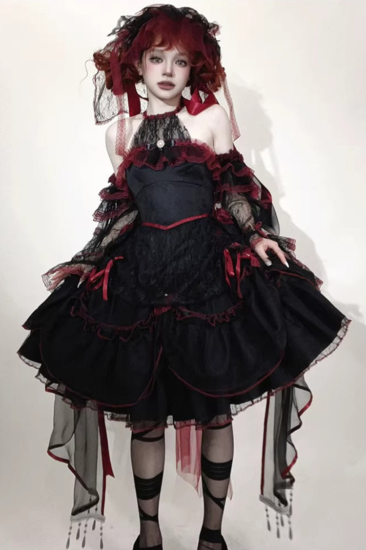 Black/Red [Layered Poem] Halterneck Sleeveless Multi-Layered Jacquard Hanayome Bow Lace Gothic Lolita Dress - Black/Red - 1