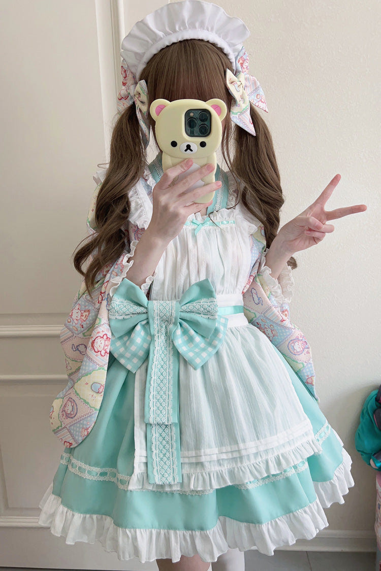 [Showa Sweet Pet] Ruffle Bowknot Sweet Japanese Maid Lolita Dress 6 Colors - Green - 4