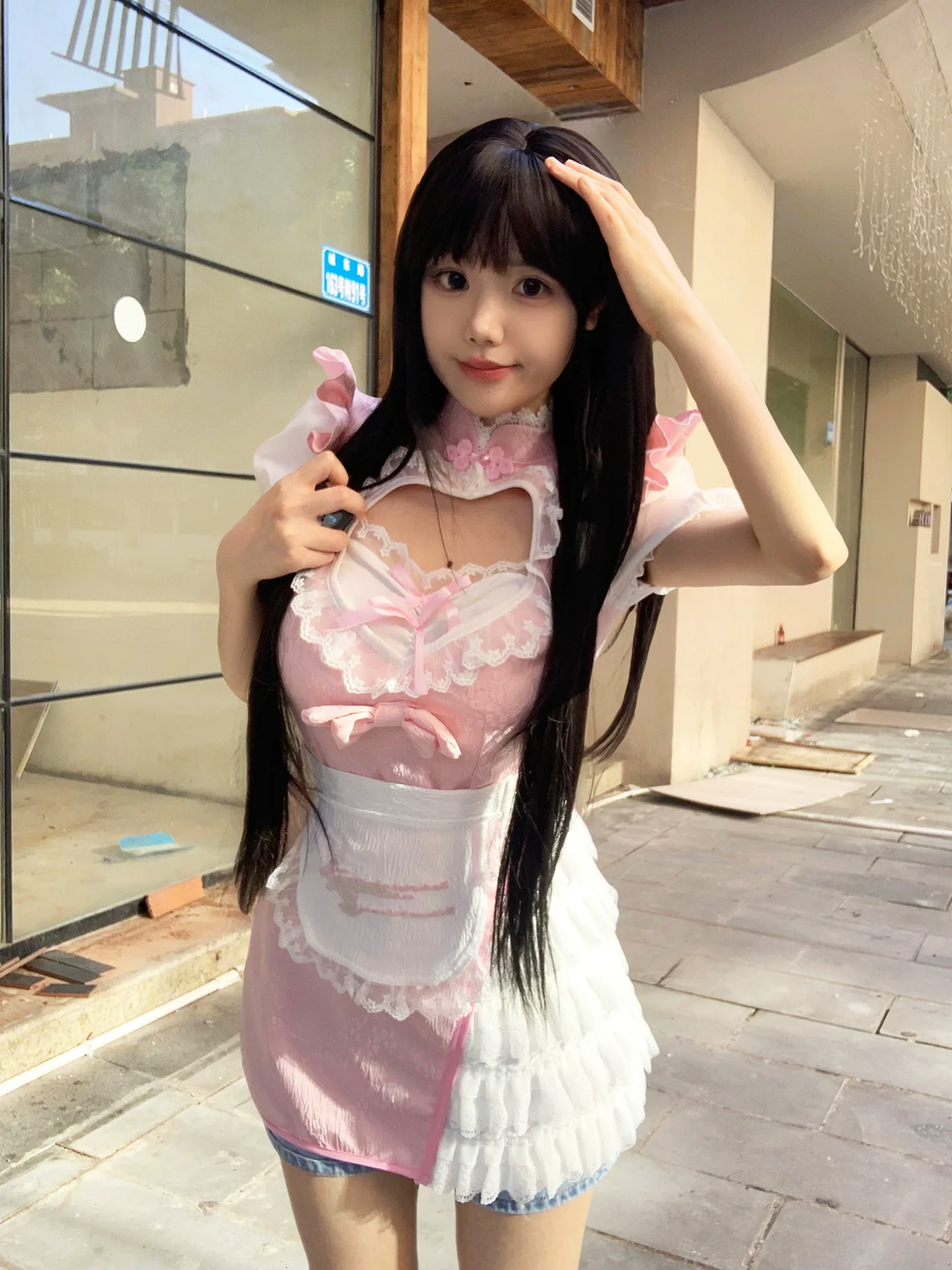 Pink and White Heart Cutout Maid Lolita Dress with Apron Accent - view 6