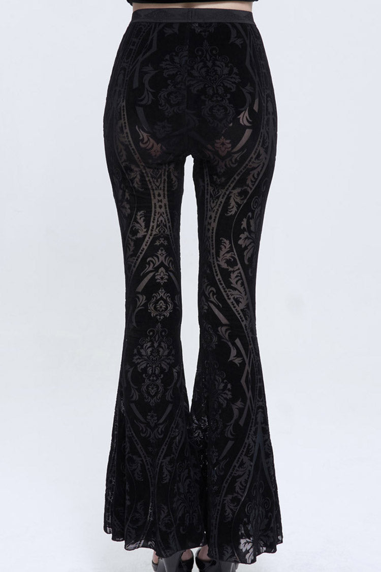 Black Flocked Printed Fabric Elastic Jacquard Elastic at Waist Flared Women's Punk Pants - Product - 4