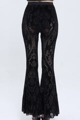 Black Flocked Printed Fabric Elastic Jacquard Elastic at Waist Flared Women's Punk Pants - Product - 4