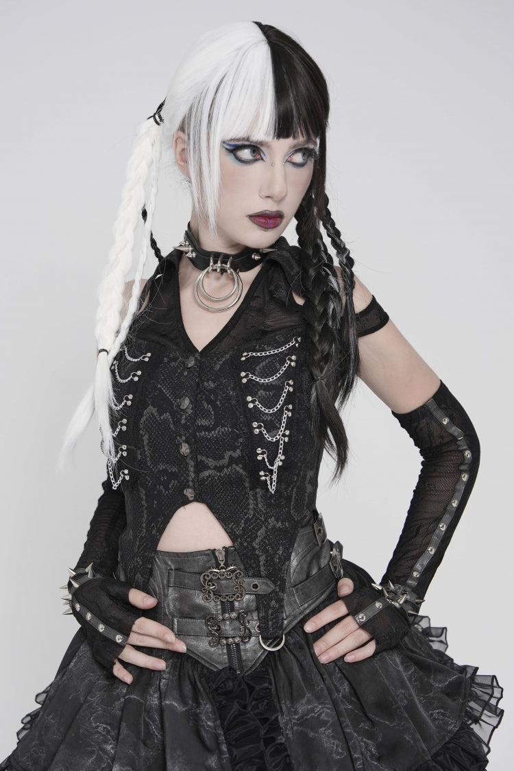 Black Off Shoulder Lace-Up Irregular Chain-Decorated Women's Punk Vest - Product - 8