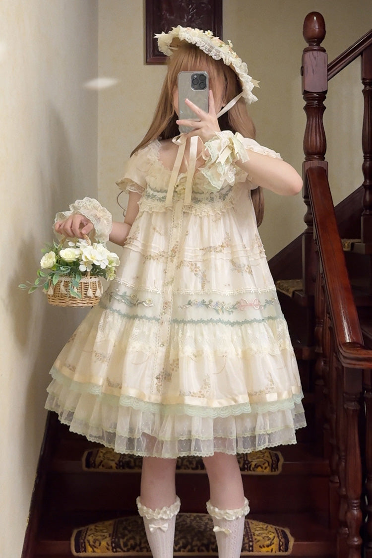 Multi-Color [Daisy Poetry] Print Ruffle Hollow Embroidery Lace Sweet Elegant Princess Lolita Dress - Product - 2