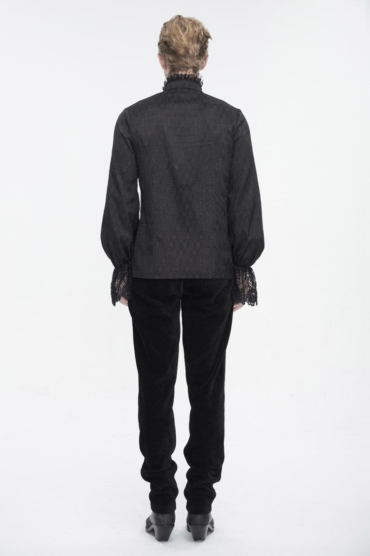Black Stand Collar Puff Sleeved Lace Splice Men's Gothic Shirt - Product - 6