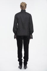 Black Stand Collar Puff Sleeved Lace Splice Men's Gothic Shirt - Product - 6