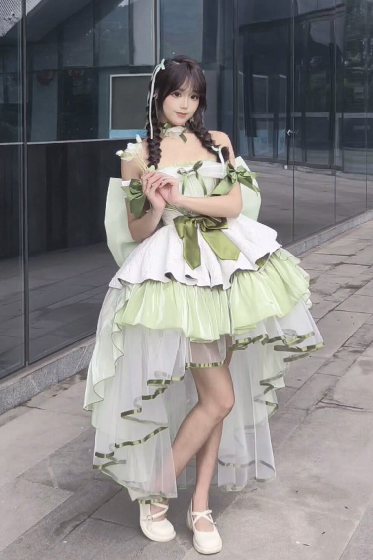 Green [Forest Princess] Off Shoulder Ruffled Bow Patchwork Sweet Lolita Dress - Product - 10