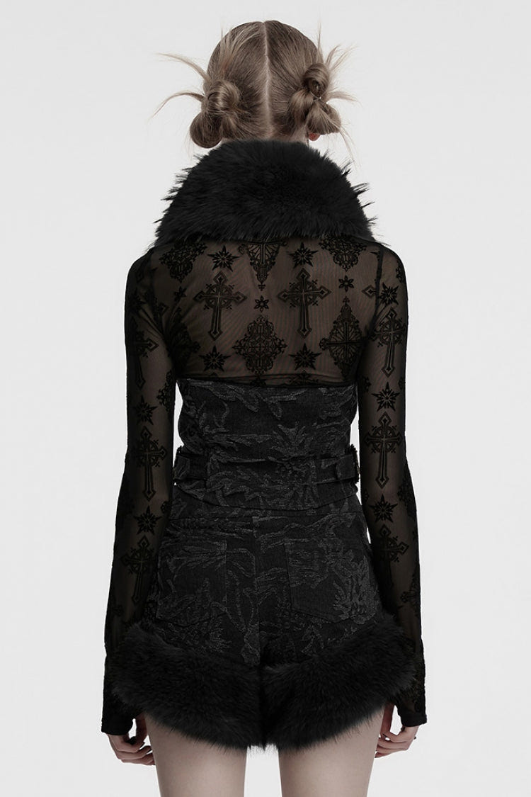 Black Halterneck Sleeveless Jacquard Women's Gothic Vest with Faux Fur Collar - Product - 3