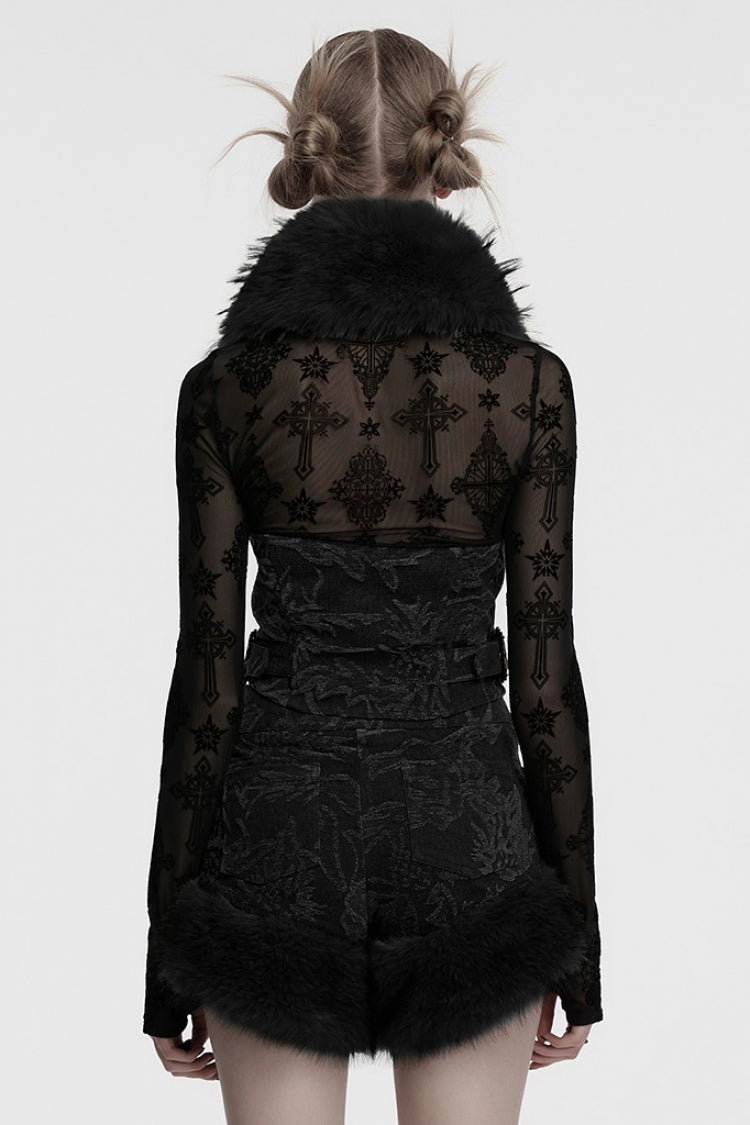 Black Halterneck Sleeveless Jacquard Women's Gothic Vest with Faux Fur Collar - Product - 3