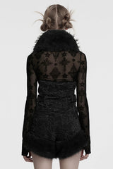 Black Halterneck Sleeveless Jacquard Women's Gothic Vest with Faux Fur Collar - Product - 3
