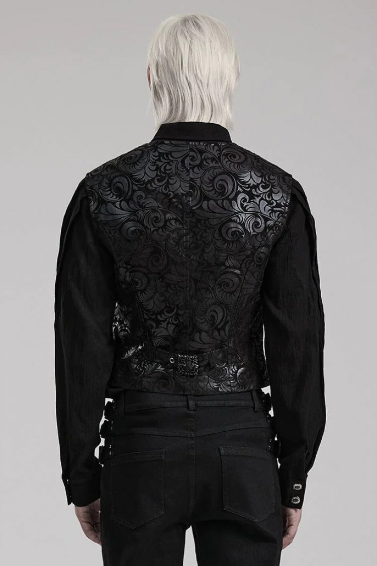 Black V Collar Sleeveless Exquisitely Carved Floral Print Faux Leather Mens Gothic Vest - Product - 3