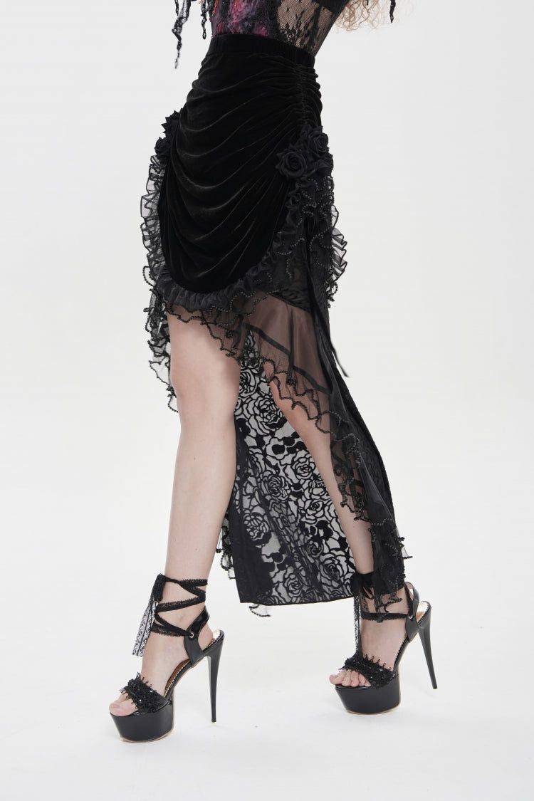 Black Embroidered Rose Lace-up Irregular Women's Gothic Hem Skirt - Product - 12