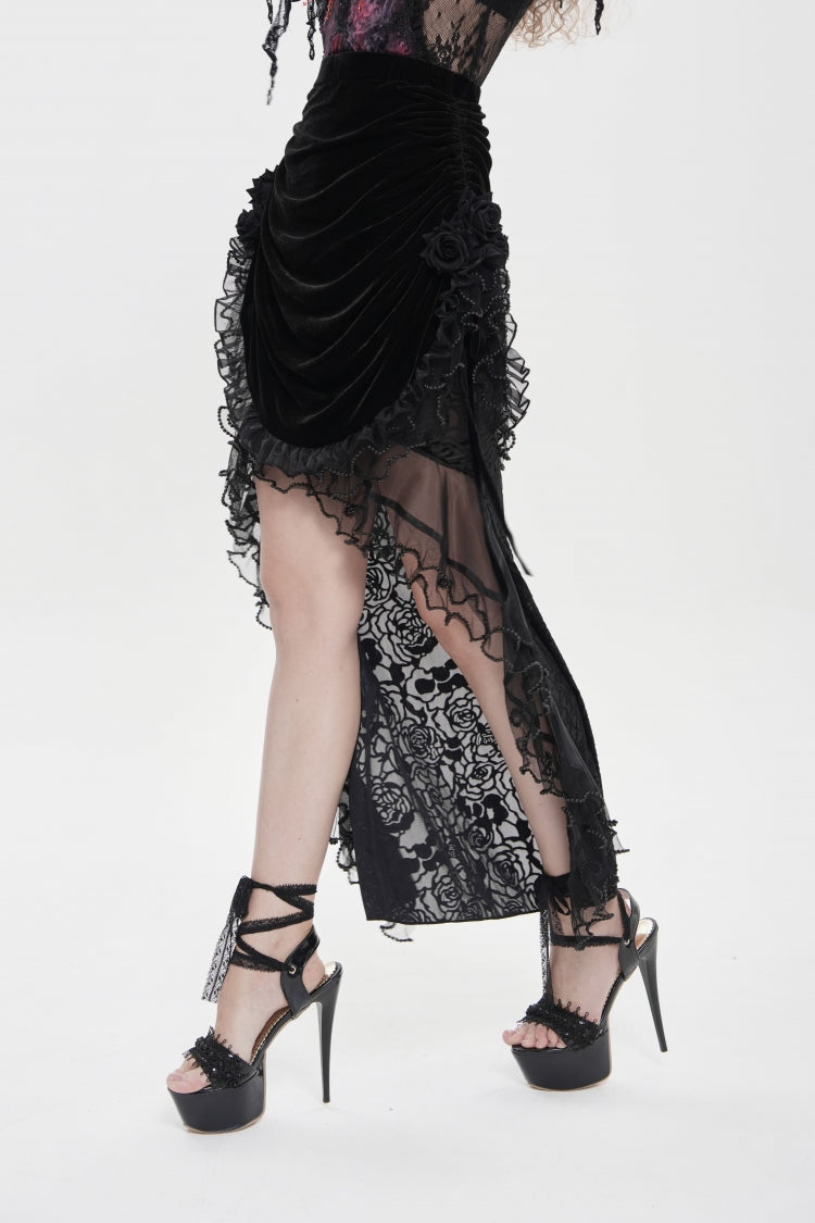 Black Embroidered Rose Lace-up Irregular Women's Gothic Hem Skirt - Product - 12