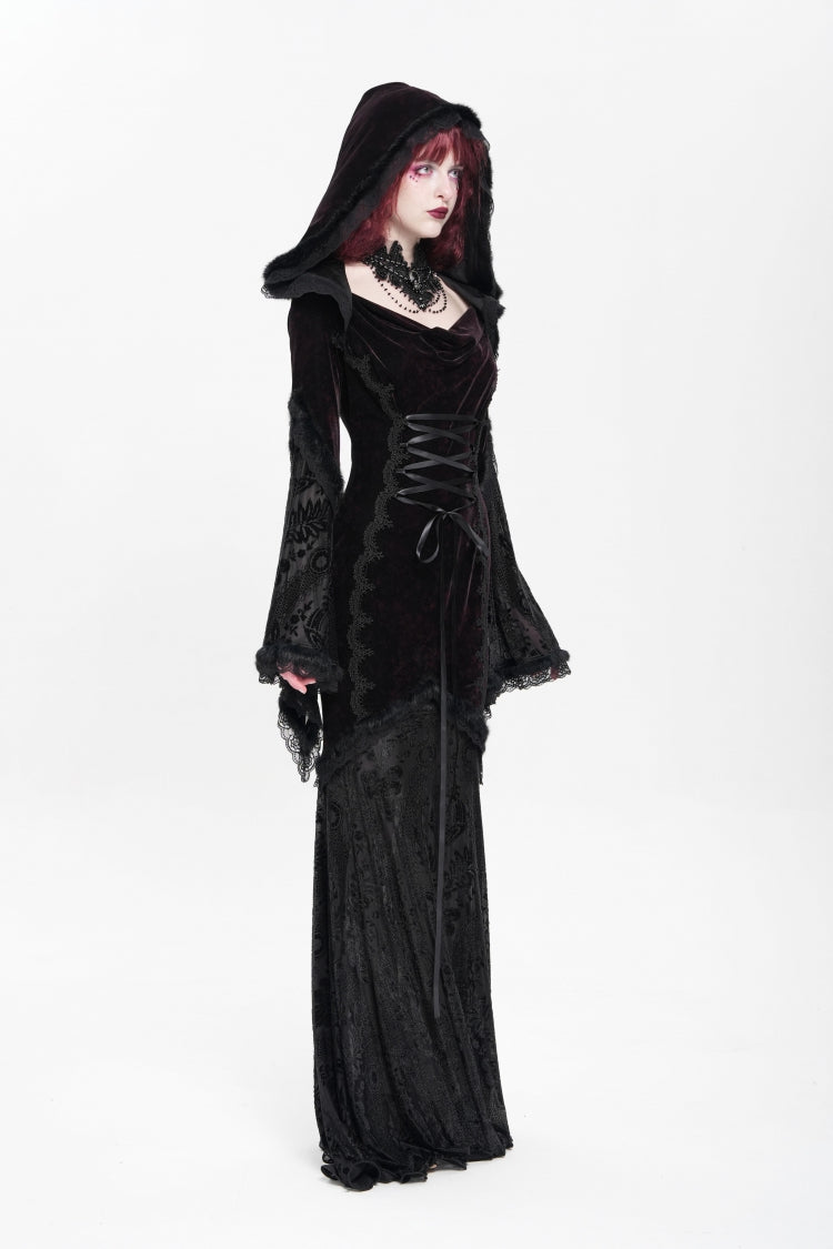 Black/Red Long Trumpet Sleeves Embroidery Stitching Lace Hooded Mesh Women's Gothic Dress - Product - 4