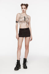 Brown Patchwork Slim Fit Mesh Zippered Eyelet Women's Punk Cool Skirt - Product - 2