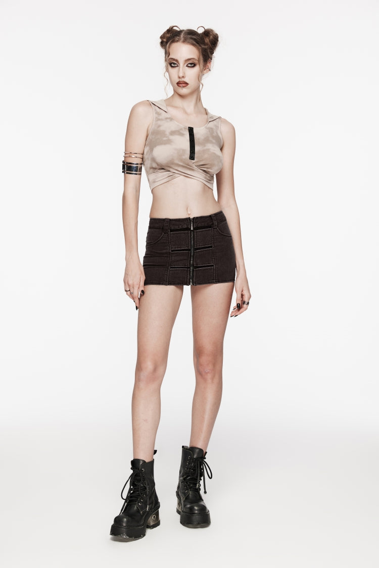 Brown Patchwork Slim Fit Mesh Zippered Eyelet Women's Punk Cool Skirt - Product - 2
