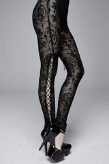 Black Flocking Printing Sexy Elastic Waistband Mesh Gothic Womens Pants - Product - 2
