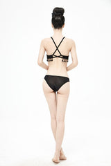 Black Dark Grain Jacquard Tassel Lace Up Gothic Swimsuit - Product - 12