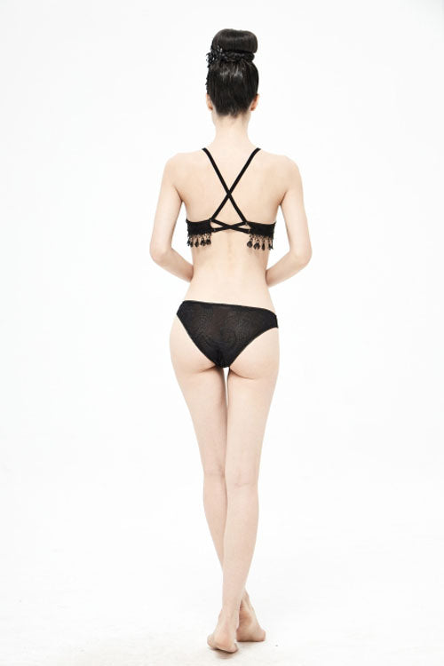 Black Dark Grain Jacquard Tassel Lace Up Gothic Swimsuit - Product - 12