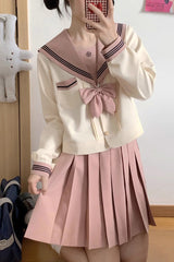 Pink/Ivory Sailor Collar Long Sleeves Sweet Japanese School Skirt Set - Product - 7