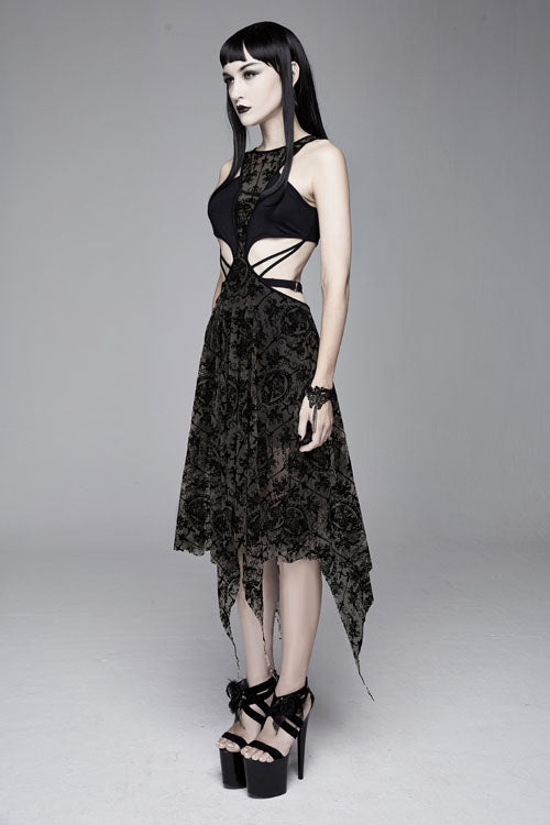 Black Semilucent Queen Cross Flocking Printed Sleeveless Sexy Mesh Gothic Womens Dress - Product - 3