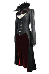 Black And Red Floral High Collar Embroidered Womens Gothic Coat - Product - 5