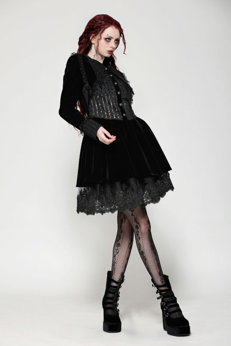 Black Long Sleeves Lace Women's Gothic Velvet Short Dress - Product - 7
