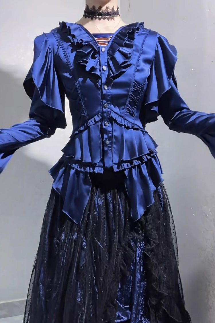 [Echoes of the Deep Sea] Long Hime Sleeves Ruffled Bow Lace-Up Gothic Ouji Lolita Blouse 4 Colors - Product - 8