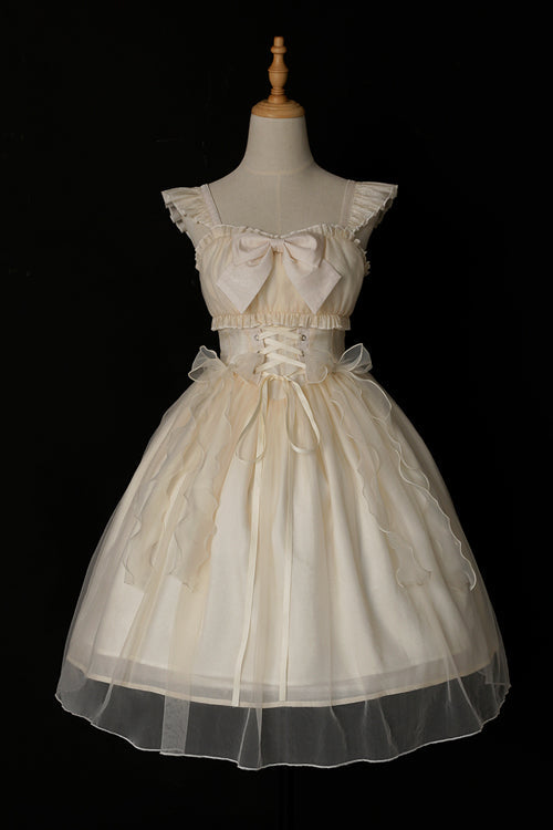 Beige Ruffled Strap Bow Sleeveless Sweet Lolita JSK Dress - Product - 7