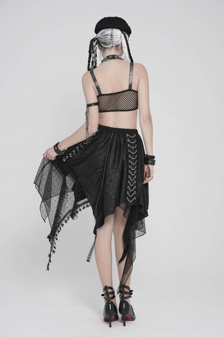 Black Lace Irregular Chain-Decorated Women's Punk Streamer Skirt - Product - 7