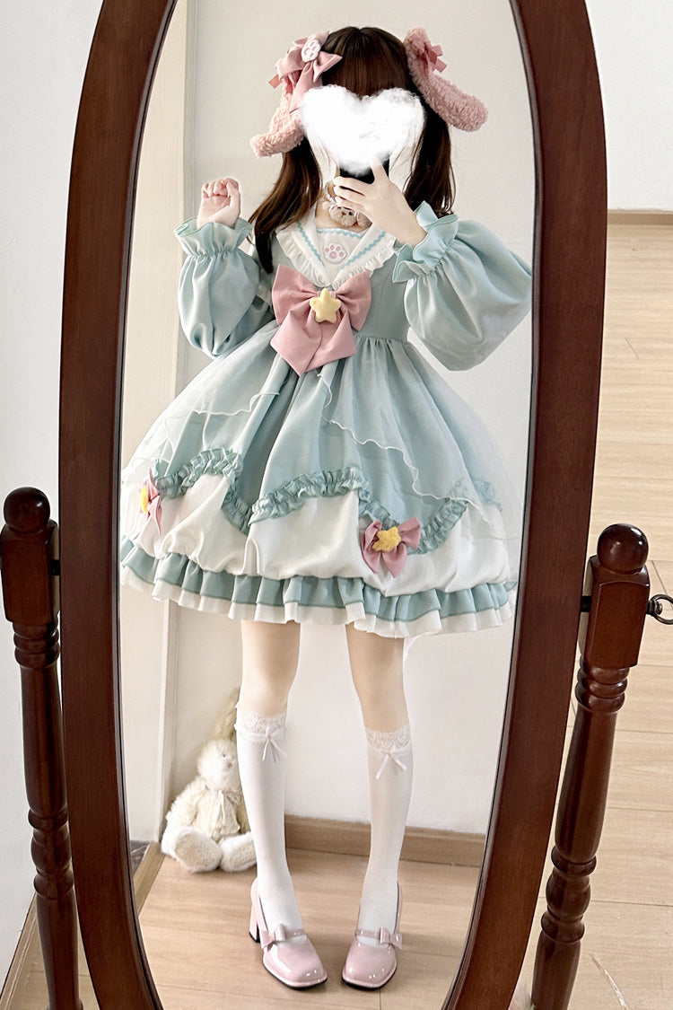 [Pray Star] Long Sleeves Double-Layered Ruffle Bowknot Stitching Lace Sweet Lolita Dress 5 Colors - Product - 14
