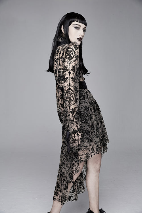 Apricot See Through Printed Long Sleeves Velvet Belted Womens Gothic Dress With Tie - Product - 5