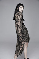 Apricot See Through Printed Long Sleeves Velvet Belted Womens Gothic Dress With Tie - Product - 5