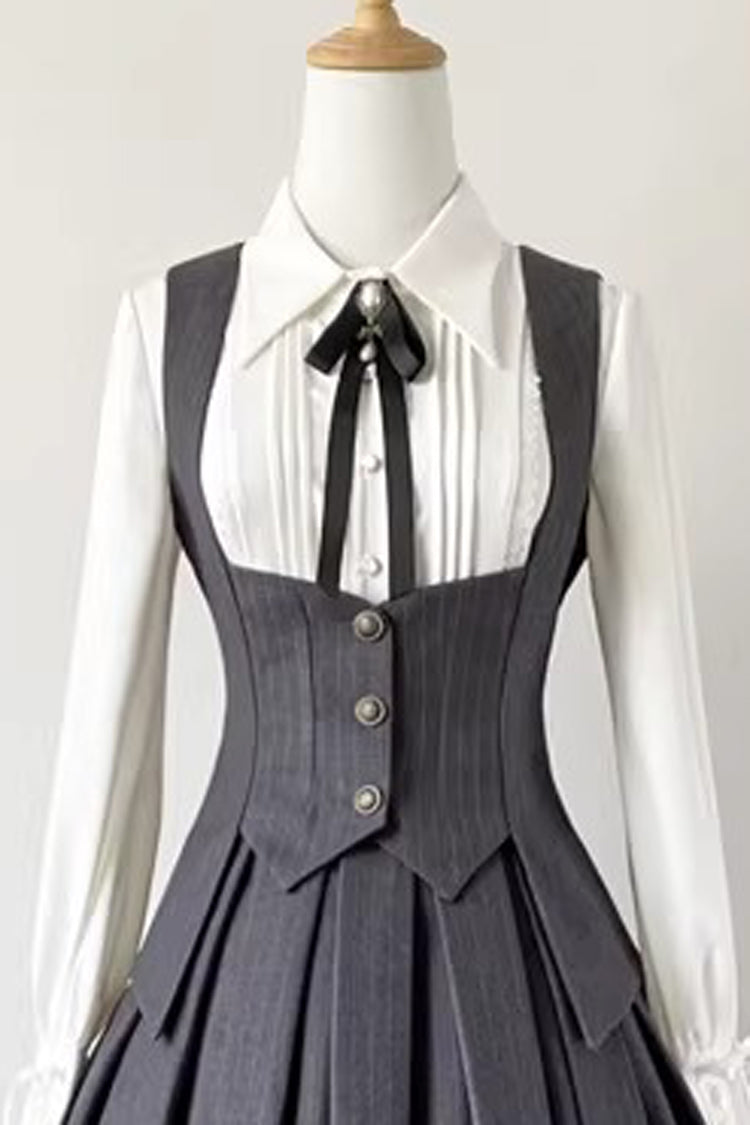 Grey [Griffin’s Pact] Striped Printed Ruffled Gothic Lolita Skirt Vest Set - Vest - 8