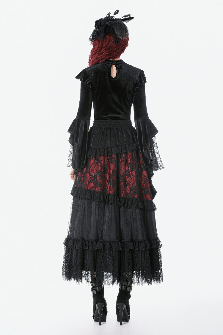 Black Multi-Layered Long Flare Sleeves Embroidered Sheer Mesh Splice Velvet Women's Gothic Top - Product - 4