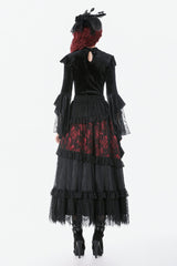 Black Multi-Layered Long Flare Sleeves Embroidered Sheer Mesh Splice Velvet Women's Gothic Top - Product - 4