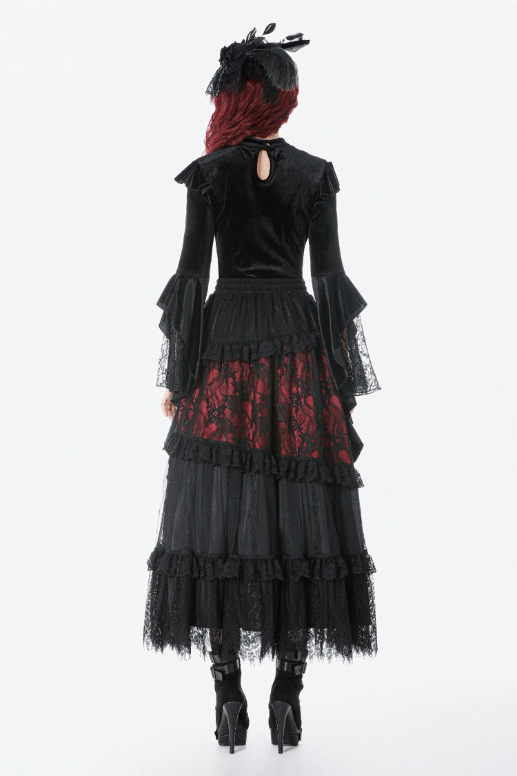 Black Multi-Layered Long Flare Sleeves Embroidered Sheer Mesh Splice Velvet Women's Gothic Top - Product - 4