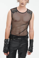 Black Round Collar Mesh Men's Gothic Vest - Black - 1