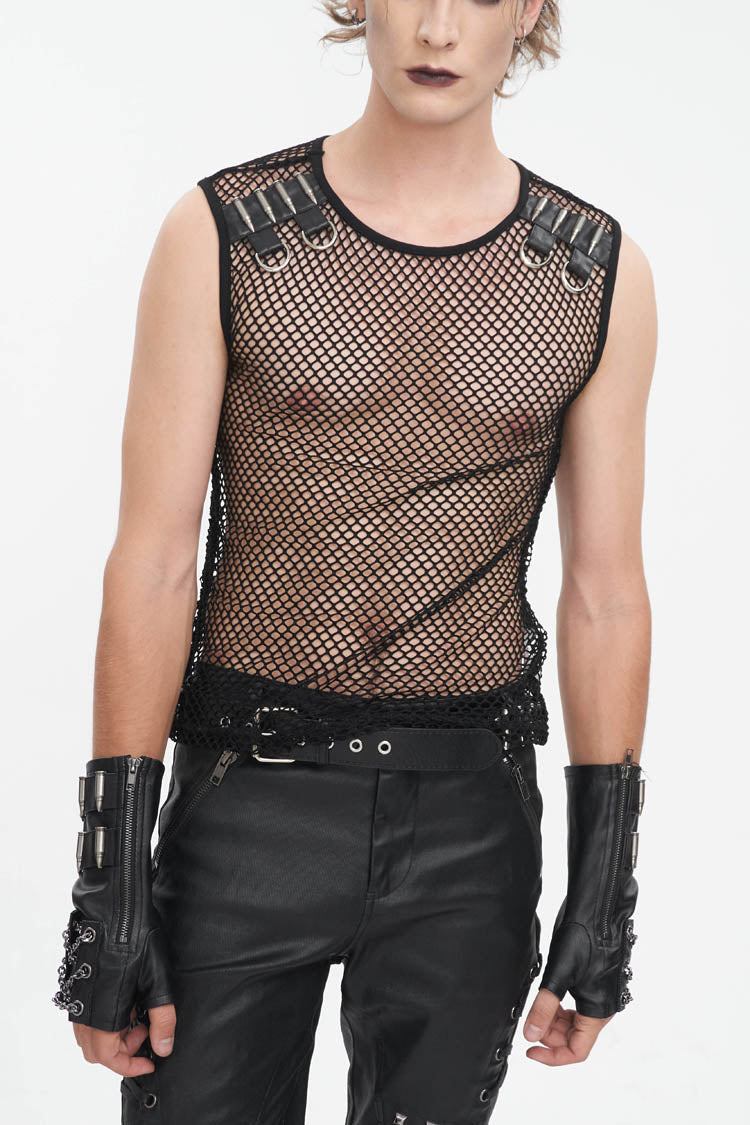 Black Round Collar Mesh Men's Gothic Vest - Black - 1