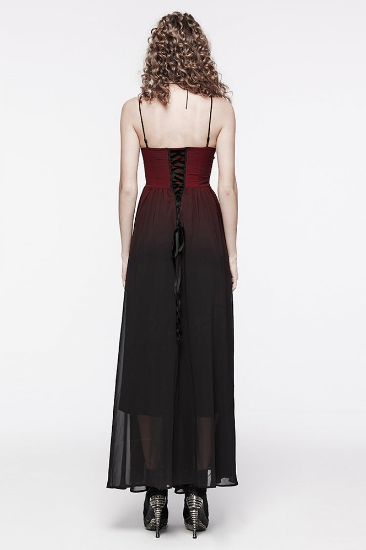 Black/Red Floral Embroidery Lace-Up Women's Gothic Slip Dress - Product - 3
