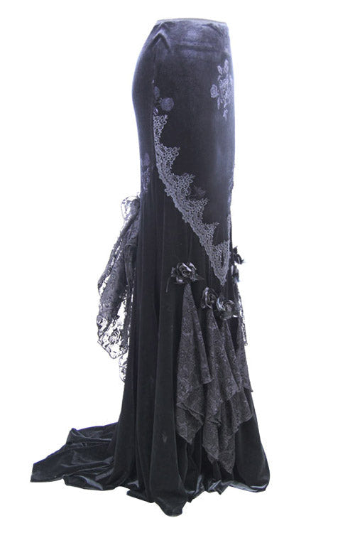 Black Rose Embossed Gothic Velvet Long Womens Half Fishtail Skirt - Product - 5