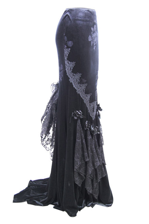 Black Rose Embossed Gothic Velvet Long Womens Half Fishtail Skirt - Product - 5