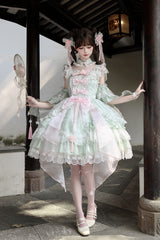 Green [Spring Waters Reflecting Pear Blossoms] Ruffled Embroidered Open-Front Bow Lace Sweet Lolita Jsk Dress - Product - 9
