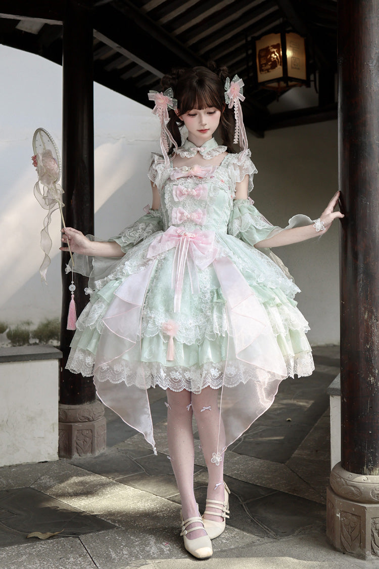 Green [Spring Waters Reflecting Pear Blossoms] Ruffled Embroidered Open-Front Bow Lace Sweet Lolita Jsk Dress - Product - 9